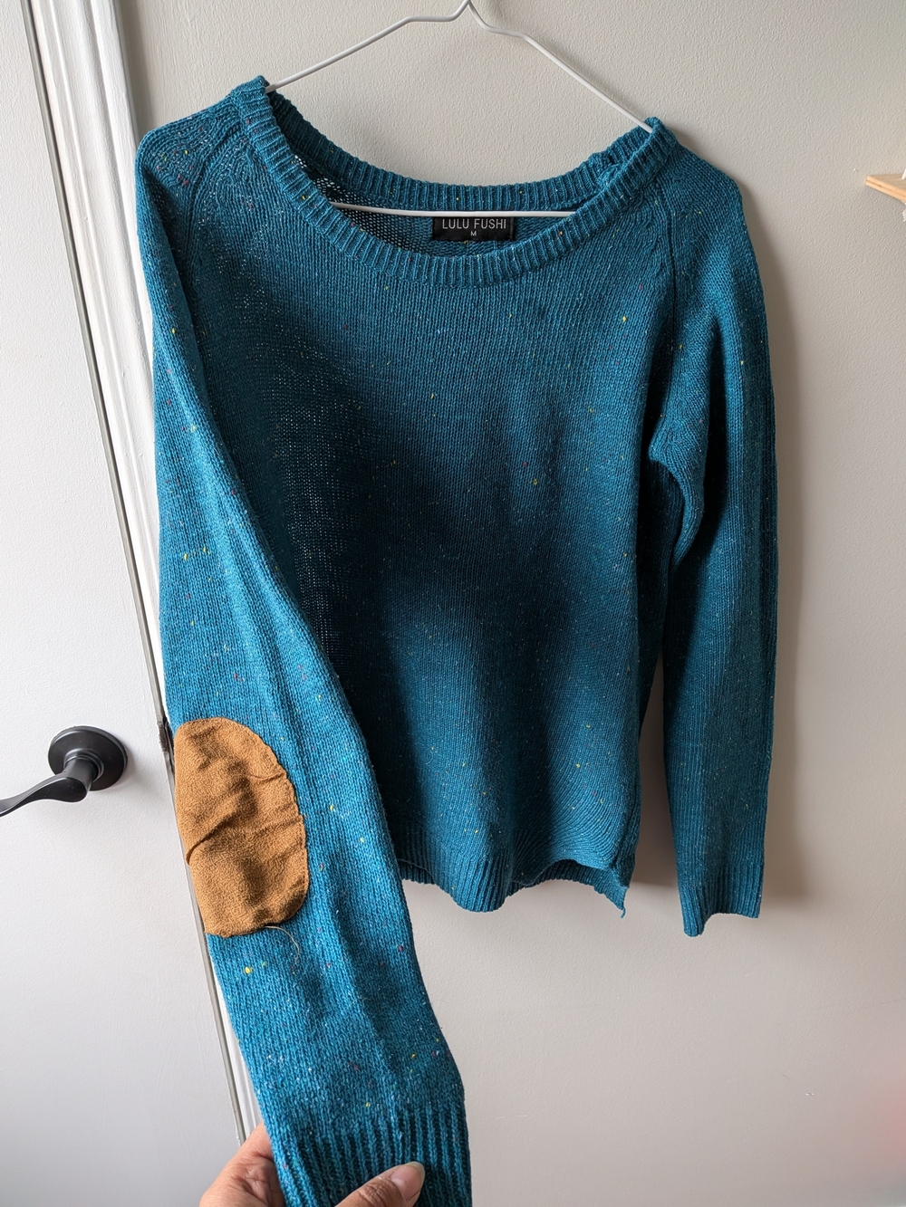 Teal Crewneck Sweater with Brown Elbow Patches With Back Buttons